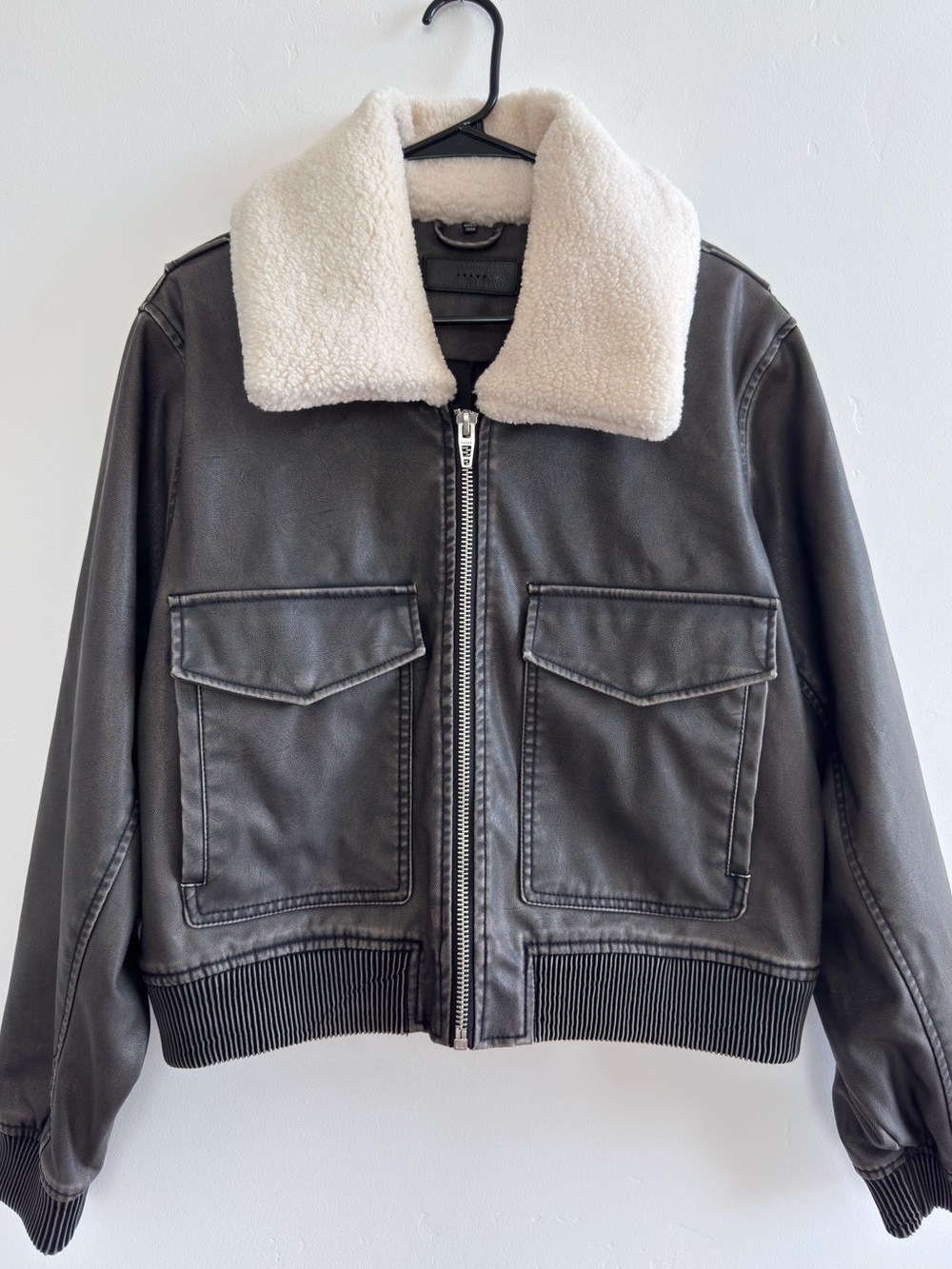 Blank NYC Black Bomber Jacket with Cream Sherpa Collar